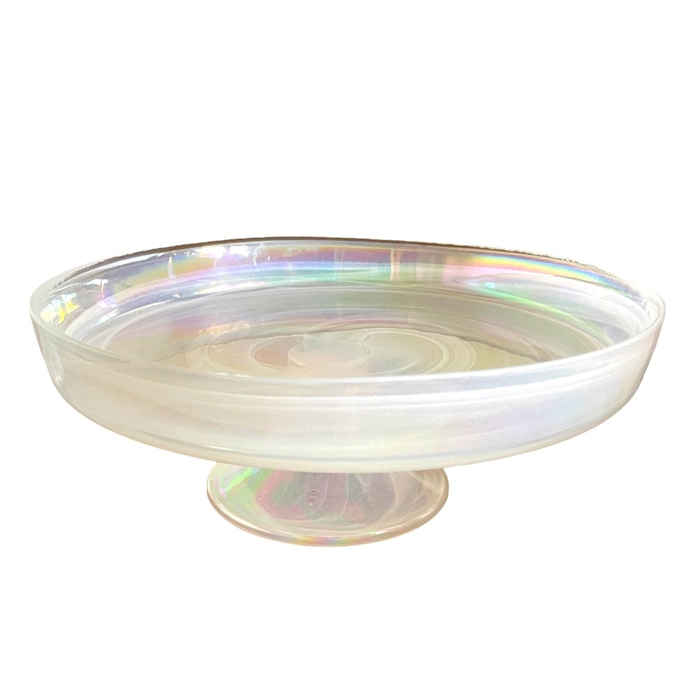 The Art Of Tabletop Cake Stand Opal Iridescent Swirl Glass Handmade 8”